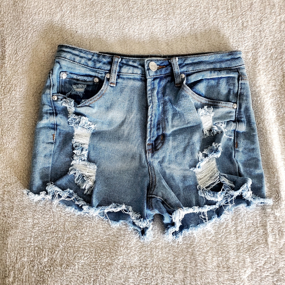 Almost Famous Blue Jean Shorts Destressed Trashed Summer Casual Beachy Cowgirl